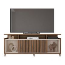 Beaux Meubles Pas Chers - Meuble tv 65 Pouces Noyer et Blanc 7 Niches 6 Roulettes l 160 h 63.4 p 38 cm