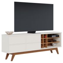 Beaux Meubles Pas Chers - Meuble tv 75 Pouces Blanc et Chêne Pieds Bois 2 Portes 11 Niches l 180 h 64.2 p 36.5 cm