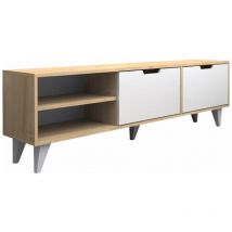 Vente-unique - Meuble tv avec 2 portes et 2 niches - Blanc et Naturel - corenia