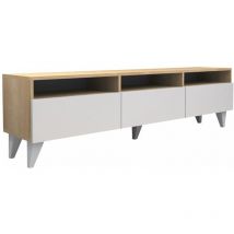 Vente-unique - Meuble tv avec 3 portes et 3 niches - Blanc et Naturel - demania