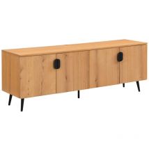 Meuble TV avec 4 portes placage chêne et acier - Naturel clair et Noir - SINOLO