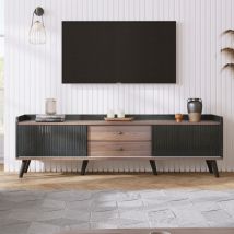 Meuble tv avec deux tiroirs, table tv, meuble tv, meuble bas tv avec deux portes coulissantes. Texture exquise. Couleur bois noir et naturel.
