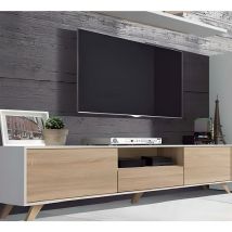 Pegane - Meuble tv avec pieds coloris Blanc / Chêne Cambrian - Longueur 183 x profondeur 35 x hauteur 44 cm