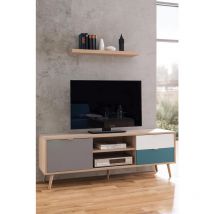 Zenzero Shop - Porta tv Lavik con gambe in legno, 1 anta 2 cassetti, finitura Quercia, Bianca, Petrolio e Grigia