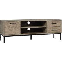 Meuble tv banc tv design industriel - porte, 2 tiroirs, 2 niches - piètement acier noir - aspect bois gris