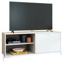 Beaux Meubles Pas Chers - Meuble tv Bar 60 Pouces Blanc 1 Porte 4 Niches Pieds Métal Ronds l 142 h 56 p 35 cm
