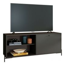 Meuble TV Bar 60 Pouces Noir 1 Porte 4 Niches Pieds Métal Ronds L 142 H 56 P 35 cm