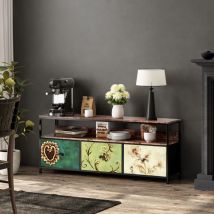 Sureh - Meuble tv bas, Banc tv led 137 cm, commode en tissu avec 3 tiroirs, meuble de rangement bas avec 3 tiroirs, Motif rétro