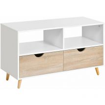 Homcom - Meuble tv bas sur pieds style scandinave 2 tiroirs coloris chêne clair blanc