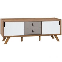 Beliani - Meuble tv au Design Moderne avec Cadre en Imitation Bois 2 Portes Coulissantes Blanches et 2 Tiroirs Gris 56 cm de Hauteur
