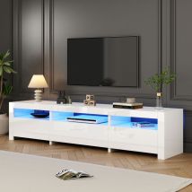 Yoleo - Meuble tv blanc brillant avec LED,Banc Télé avec porte d'armoire rabattable,Style moderne,195L x 35l x 40H cm