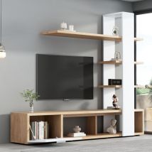 Meuble TV blanc et bois, meuble de salon, meuble bas avec rangements