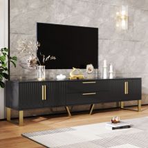 Meuble tv brillant : base, poignées et pieds dorés, porte avec texture gravée, solution de rangement pour le salon, combinaison parfaite d'élégance,