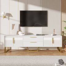 Meuble TV brillant : base, poignées et pieds dorés, porte avec texture gravée, solution de rangement pour le salon, combinaison parfaite d'élégance,