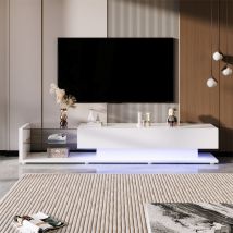 Fortuna Lai - Meuble tv brillant moderne 170x38x36cm, cloisons vitrées et éclairage led variable, style naturel et rustique, blanc