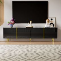 Meuble TV Brillant Noir avec 4 portes,Style Moderne et simple,Conception Gold Line,Pieds dorés,170x35x46cm