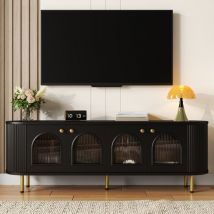 Meuble tv, buffet bas avec portes vitrées, meuble de rangement pratique pour le salon, poignées et pieds dorés