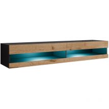 Mobilier1 - Meuble tv Venenou 120, Noir + Chêne wotan, Le nombre de portes: 0, Nombre de tiroirs: 0, 180x30x40cm, led