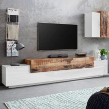 Meuble TV moderne 240cm 4 placards 3 portes blanc bois Corona Low Maple