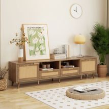 Yoleo - Meuble tv design en rotin,Commode tv avec pieds en bois massif,2 Tiroirs + 4 Compartiments de rangement,200 x 37 x 49cm