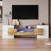 Ohjijinn - Meuble Tv Élégant, Lowboard. Blanc Brillant, 200 Cm, Éclairage Led, Meuble De Salon. Design Moderne. Surface En Verre Élégante