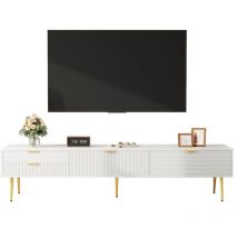 Meuble tv élégant, meuble bas. Avec tiroirs et portes, meuble de salon. Conception moderne. poignées et pieds dorés.
