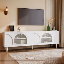Meuble TV Elégant,Armoire de Télé avec 4 Portes en Verre Bombées et Striées,Design moderne,173 x 38 x 59cm,Blanc
