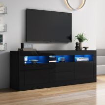 Yoleo - Meuble tv haute brillance 160 x 35 x 60cm avec LED,3 compartiments ouverts,2 Portes+2 Tiroirs,Contrôle intelligent de l'app,Noir