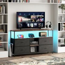 Meuble tv led 137x30x78cm - 4 tiroirs, 2 compartiments et étagère - tissu cuir et métal noir - Noir