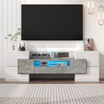 Yoleo - Meuble tv led Brillant 145x30x51 cm, Meuble de salon Design moderne,Surface en verre élégante,Blanc + Gris