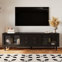 Eifson - Meuble tv low-board 175cm, avec quatre portes vitrées et deux tiroirs, cinq pieds artistiques en bois massif, poignées dorées, style