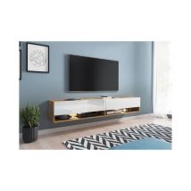 Bratex - Meuble tv Lowboard a 180 cm, meuble tv sans éclairage led, deux étagères, coloris wotan blanc brillant