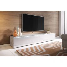 Meuble tv Lowboard d 140 cm, meuble tv avec éclairage led, meuble tv suspendu, couleur blanc brillant/béton