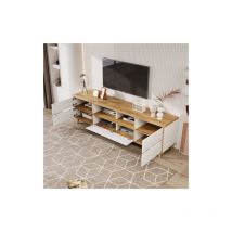 Ohjijinn - Meuble tv, lowboard, meuble de salon aux coloris blanc et bois. Compartiments et portes dans un style maison de campagne naturelle
