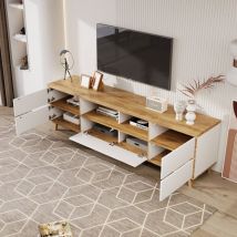 Okwish - Meuble tv, lowboard, meuble de salon aux coloris blanc et bois. Compartiments et portes de style maison de campagne naturelle