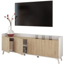 Pegane - Meuble tv, meuble de salon avec 4 portes coloris blanc, chêne - Hauteur 63 x Longueur 180 x profondeur 33 cm