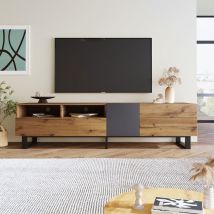 Hofurni - Meuble tv en bois 180cm - avec étagères et rangements, 2 portes et 2 tiroirs - Meuble tv scandinave contemporain - Naturel
