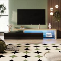 Hofurni - Meuble tv Moderne 200cm, avec éclairage led et étagères en verre, espace de rangement, design moderne, aspect bois - Noir