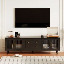 Modernluxe - Meuble tv moderne - avec portes en rotin et 2 tiroirs - pieds en métal - Noir