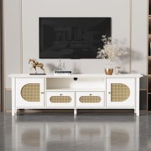 Meuble tv moderne blanc avec 2 portes et 2 tiroirs, design en rotin, comprenant un compartiment ouvert, peint et biseauté Meuble tv pour salon