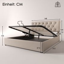 Hydraulique Lit rembourré 140x200cm,Tête de lit réglable Lit double, Lit avec sommier à lattes métalliques,sans matelas l&h
