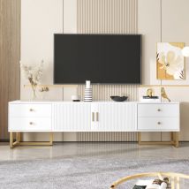 Yoleo - Meuble tv Moderne et élégant avec 4 tiroirs,Portes texturées,Poignées dorées et pieds dorés,175x30x46cm,Blanc