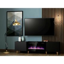 Meuble TV Noir 180x49x40cm Avec Cheminée chauffante intégrée PALACE sur pieds