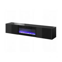 Meuble TV Noir brillant 200x37x40cm Avec Cheminée chauffante intégrée SLIKA K à suspendre
