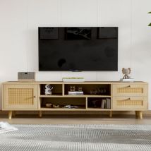 Meuble TV Porte en Rotin 160 cm,Commode bas Pour téléviseur 70" - 5 compartiments de rangement et 2 tiroirs