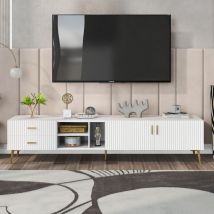 Yoleo - Meuble tv simple pour télé 75',Meuble Télé avec 2 tiroirs + 5 compartiments de rangement,Console multimédia,180 x 35 x 41cm,Blanc