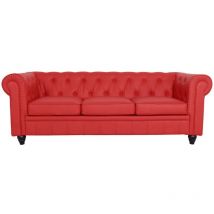 MEUBLER DESIGN Canapé Chesterfield 3 Places - Polyuréthane Rouge - 3 Places Chesterfield, Contreplaqué, Mousse polyether, Rectangulaire, Style