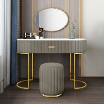 Meubler Design - Coiffeuse à Tiroir Dessus De Table En Faux Marbre Vita - Velours Taupe, Métal, Mousse polyéthylène, Ovale, Style Art déco, 120 x