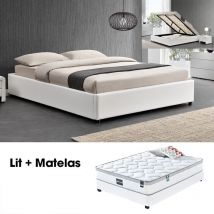 Ensemble Matelas + Sommier Coffre 140 Blanc, Polyuréthane, Style Contemporain, 203 x 155 x 34.5 cm - Blanc - Meubler Design