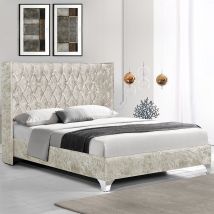 Lit Capitonné Grand Tête De Lit Focuse - Beige - 180x200, Velours Broyé, Style Baroque, 213 x 191 x 90.5 cm - Meubler Design
